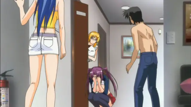 A shirtless man with black hair looks at a girl with long purple hair kneeling on the floor in a doorway, while another girl with blue hair stands in the foreground and a third blonde girl peers out from another opening. Screenshot from Mama Puri!? - Episode 2