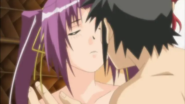 A close-up shot shows a purple-haired anime girl with a dazed expression as a shirtless man with spiky black hair leans in close to her face, their faces nearly touching. Screenshot from Mama Puri!? - Episode 2
