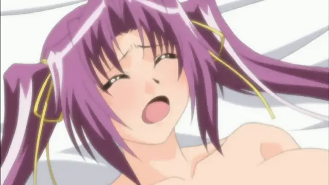 A close-up shot shows a purple-haired anime girl with a blush on her cheeks and an open mouth, lying on a white bed. Screenshot from Mama Puri!? - Episode 2