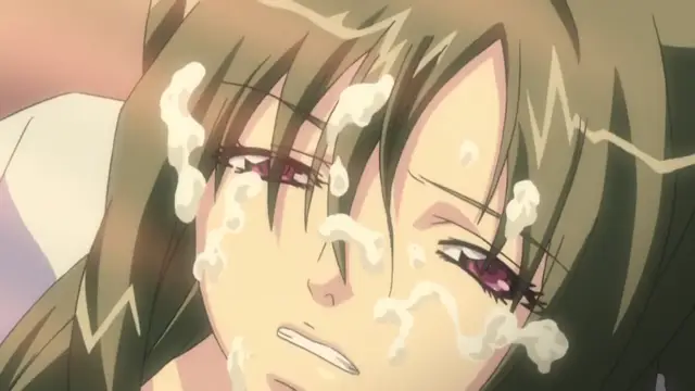 A close-up shot of a brown-haired anime girl with a dazed expression, covered in white fluids, as she lies on a white surface. Screenshot from Shion - Episode 1