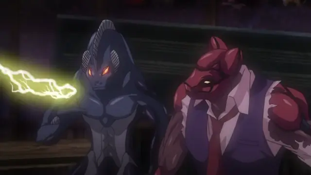 A blue and red anthropomorphic beast creature stand side-by-side in a dim room, with the blue one holding a glowing yellow energy bolt in its hand. Screenshot from Shion - Episode 1