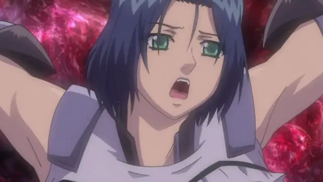 A female character with blue hair and green eyes, wearing a grey outfit, has her arms raised with a shocked facial expression against a red, swirling background. Screenshot from Shion - Episode 1