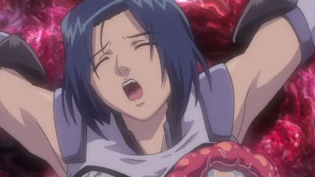 An anime girl with short blue hair and a white and purple outfit lies on her back with her arms outstretched and her mouth open in an expression of pleasure or pain against a swirling red background. Screenshot from Shion - Episode 1