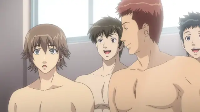 Four shirtless anime men stand in a room, with one man in the foreground looking surprised while the others smile behind him. Screenshot from Shion - Episode 2