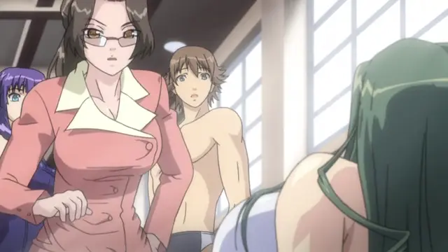 A brown-haired woman in glasses and a pink dress stands next to a shirtless man and a purple-haired girl, looking at a green-haired woman from behind. Screenshot from Shion - Episode 2