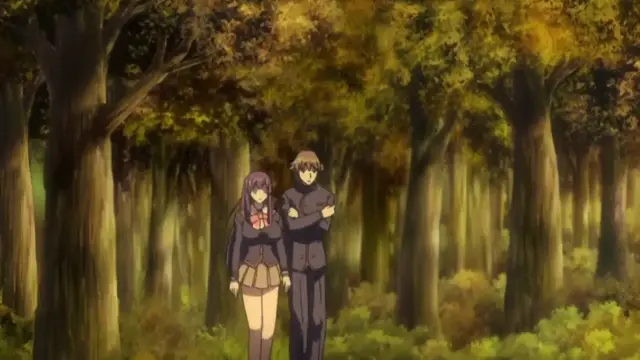 A girl with long dark hair and a boy with short dark hair walk side-by-side through a dense forest of tall trees with golden-brown leaves. Screenshot from Shion - Episode 2