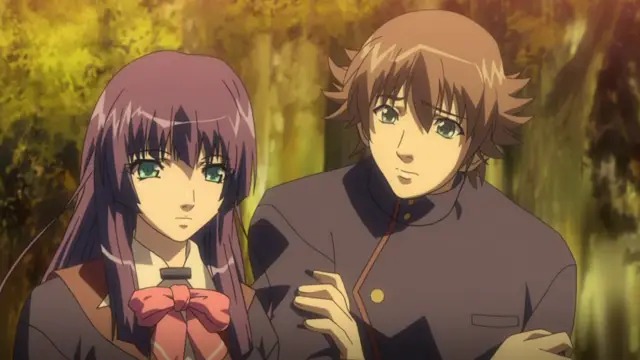 A brown-haired anime boy and a purple-haired girl with a red bow stand close together in a forest setting. Screenshot from Shion - Episode 2