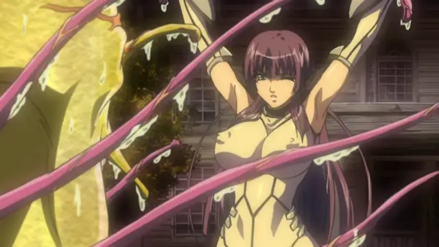 An anime girl with purple hair is tied up and being bound by pink glowing ropes, with white fluid dripping over her body while she has a strained expression on her face. Screenshot from Shion - Episode 2