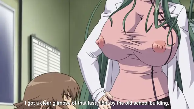 A girl with long green hair and a white lab coat stands with her shirt open, revealing her large breasts and nipples, while a smaller girl with brown hair looks up at her and says, "I got a clear glimpse of that last night by the old school building.". Screenshot from Shion - Episode 3