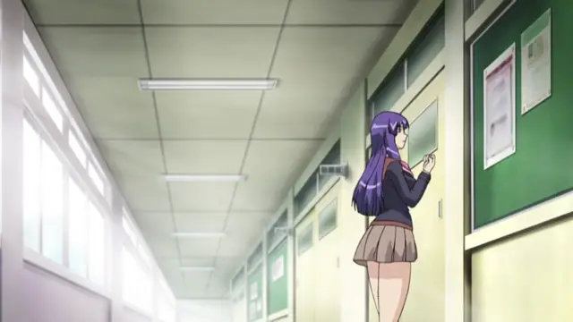 A purple-haired girl in a school uniform stands in a school hallway looking at a bulletin board. Screenshot from Shion - Episode 3