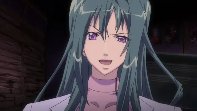 A close-up shot of a woman with long teal hair and purple eyes wearing a lavender turtleneck sweater, looking forward with a slight smile. Screenshot from Shion - Episode 4