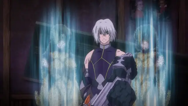 A white-haired male character with a serious expression stands in a dimly lit room, surrounded by shimmering blue and white magical energy. Screenshot from Shion - Episode 4