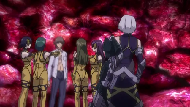 In an anime scene set against a glowing red cavernous background, a man in a white shirt stands facing four women in gold outfits while a white-haired character in blue armor stands in the foreground with their back turned. Screenshot from Shion - Episode 4