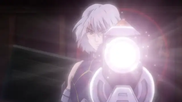 An anime character with white hair and a serious expression stands behind a large, glowing white machine that emits a bright light and circular red energy. Screenshot from Shion - Episode 4