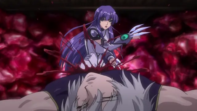 A blue-haired girl in a white and black outfit impales a shirtless man with a large blade through his torso, creating a large pool of blood. Screenshot from Shion - Episode 4