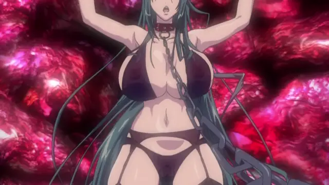 A long-haired anime girl with large breasts and a shocked expression stands with her arms raised in front of a glowing red and pink crystalline background, wearing a black choker, a black bikini top, and matching panties while a glowing blue chain wraps around her body. Screenshot from Shion - Episode 4
