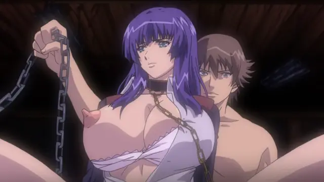 A purple-haired woman with large breasts is shown wearing an open white garment and a collar with a chain, while a shirtless man stands behind her in a dimly lit indoor setting. Screenshot from Shion - Episode 4