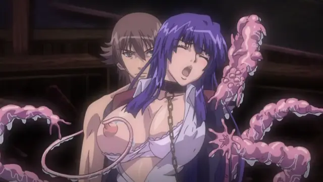 A blue-haired woman in a white lingerie set is being penetrated from behind by a man while pink tentacles wrap around her body and face in a dark indoor setting. Screenshot from Shion - Episode 4