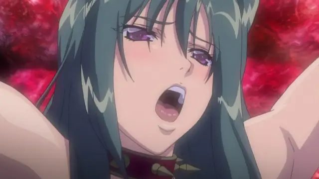 An anime woman with long teal hair and purple eyes looks upward with a blushing face and open mouth while her arms are raised in front of a red, glowing background. Screenshot from Shion - Episode 4