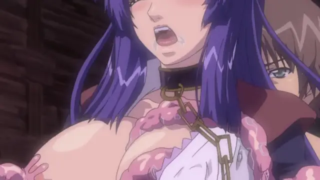 An anime girl with long purple hair and a shocked expression is wearing a choker with a chain and a revealing white dress as she is being penetrated by a man behind her. Screenshot from Shion - Episode 4