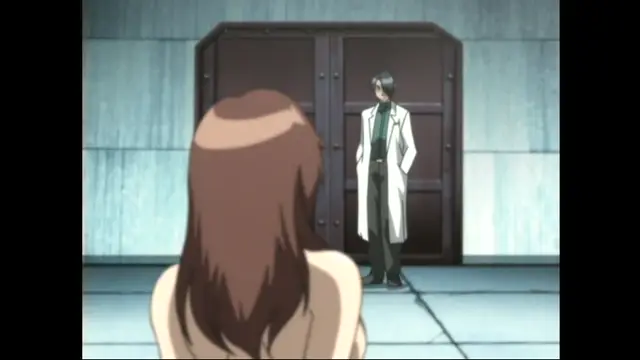 A woman with long brown hair viewed from behind stands in a hallway facing a man in a white lab coat standing in front of a large door. Screenshot from Cambrian - Episode 1