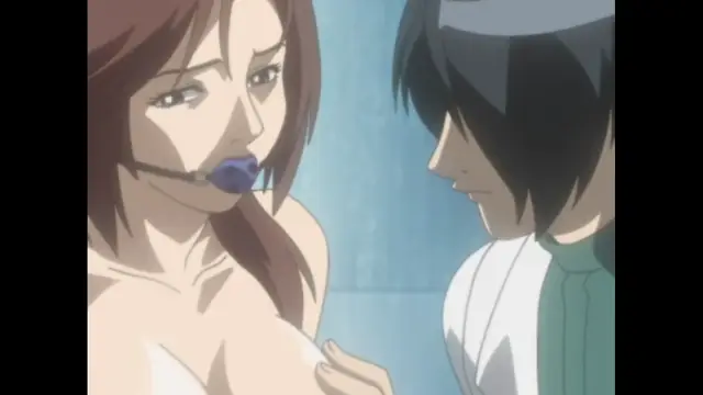 A woman with brown hair wearing a white bikini top is being faced by a man in a green and white striped shirt, while she holds a blue pacifier in her mouth. Screenshot from Cambrian - Episode 1