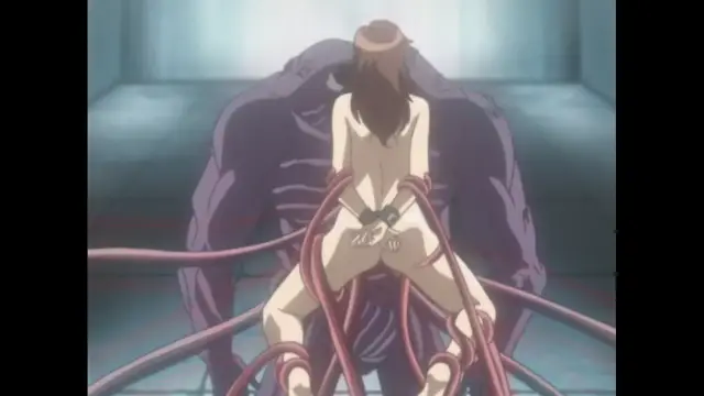 A naked girl with her hands bound in front of her is being held from behind by a large, muscular, dark-skinned monster as multiple red tentacles wrap around her body in a laboratory setting. Screenshot from Cambrian - Episode 1