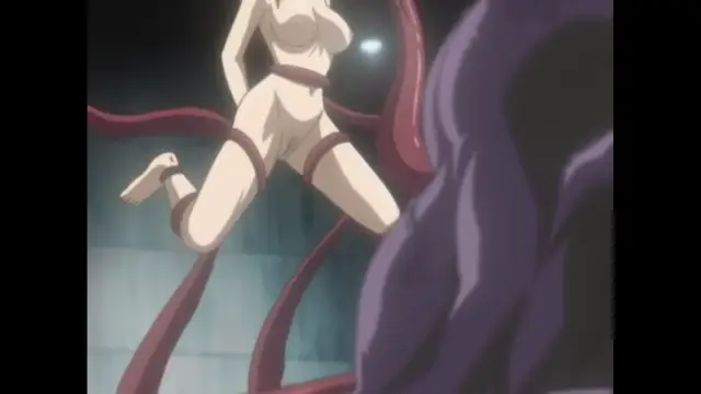 An anime girl with long hair and a revealing outfit is suspended in the air by thick red tentacles in a dark room. Screenshot from Cambrian - Episode 1