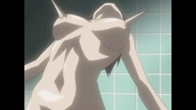 A wet, topless anime girl with large breasts leans forward in a tiled shower room. Screenshot from Cambrian - Episode 2