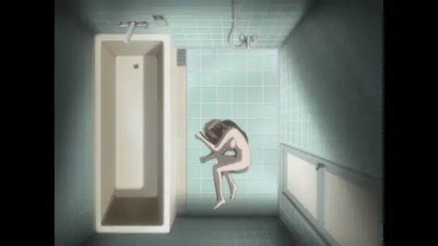 A naked woman is shown huddled on the floor of a tiled shower room next to a bathtub, looking distressed. Screenshot from Cambrian - Episode 2