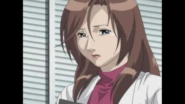 An anime woman with long brown hair and a troubled expression wears a white coat over a pink turtleneck. Screenshot from Cambrian - Episode 2