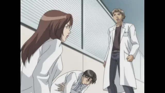 A woman in a white lab coat looks shocked as a man in a lab coat stands over a slumped, unconscious man on the floor of a clinical-looking room. Screenshot from Cambrian - Episode 2