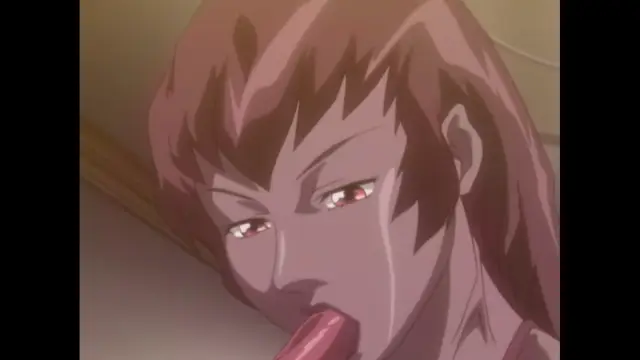 A close-up shot of a brown-haired anime man with drooling saliva and glowing red eyes looking down with a lustful expression. Screenshot from Cambrian - Episode 2
