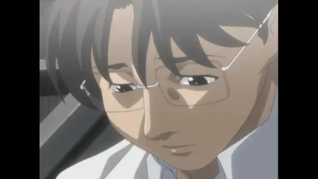 A close-up shot of a male anime character with dark hair and glasses looking down with a serious expression. Screenshot from Cambrian - Episode 2