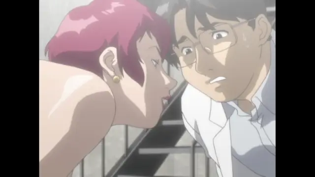 A woman with short pink hair and a man with glasses and a white lab coat look at each other with shocked expressions in a room with a staircase. Screenshot from Cambrian - Episode 2