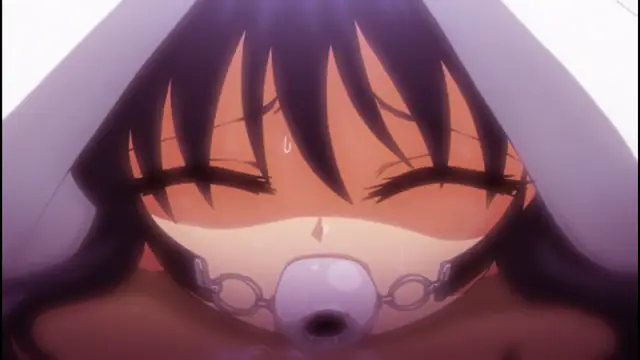 A close-up of a blushing anime girl with closed eyes and tears streaming down her face as she wears a ball gag. Screenshot from Alignment You! You! - Episode 1
