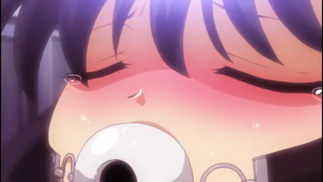 A close-up shot of a blushing anime girl with tears in her eyes and a wide-open mouth, wearing a clear ball gag. Screenshot from Alignment You! You! - Episode 1