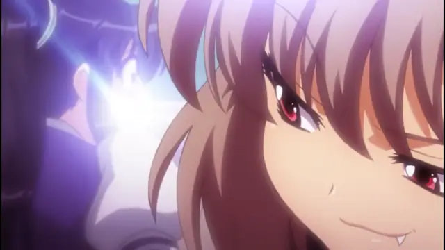 A close-up shot of an anime girl with long light brown hair and red eyes smirks while looking toward the camera, with a blurred male character standing in the background. Screenshot from Alignment You! You! - Episode 1