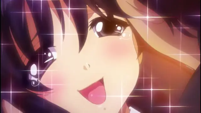 A blushing anime girl with long dark hair and a playful expression opens her mouth in a close-up shot with a sparkly, glittering overlay. Screenshot from Alignment You! You! - Episode 1