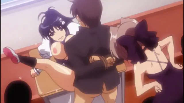 A man in a black suit stands between two women in a bar setting, facing one woman while the other clings to his back, with the woman in the front posed on a chair while wearing a torn dress and revealing her breasts. Screenshot from Alignment You! You! - Episode 1