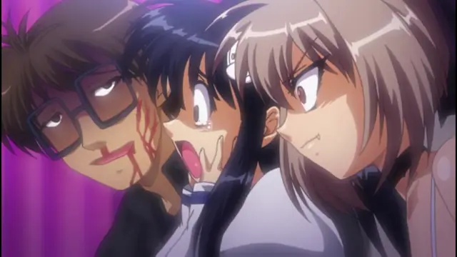 In this anime scene, a shocked and sweating girl with black hair is positioned between a smug, blood-splattered man with glasses and a glaring girl with long brown hair. Screenshot from Alignment You! You! - Episode 1