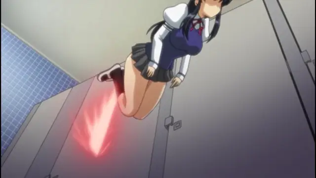 A Japanese schoolgirl in a sailor uniform with long black hair and a red ribbon is shown from a high angle, lying horizontally and tilted against a wall in what appears to be a bathroom or locker room. Screenshot from Alignment You! You! - Episode 1