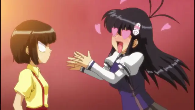 A long-haired girl with heart-shaped eyes and a lolling tongue reaches out eagerly toward a short-haired girl in a yellow shirt. Screenshot from Alignment You! You! - Episode 1