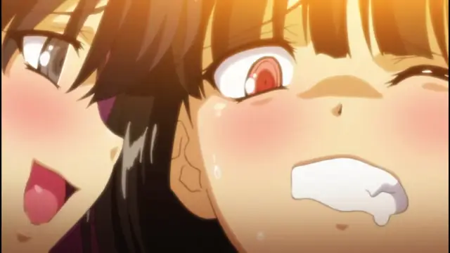 A wide-eyed anime girl with long black hair and blushing cheeks stares in shock with a white fluid dripping from her mouth, while another girl with a mischievous expression looms behind her. Screenshot from Alignment You! You! - Episode 1