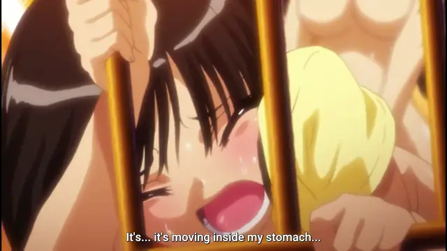 A blushing anime girl with long black hair is shown in a cage with an open mouth and a pained expression as the subtitle "It's... it's moving inside my stomach..." appears at the bottom. Screenshot from Alignment You! You! - Episode 1