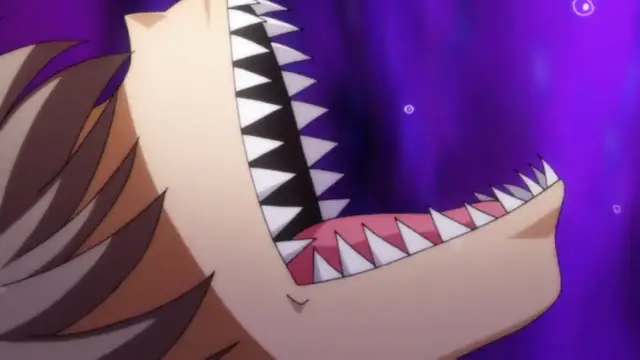 A close-up of an anime girl with cat ears and a large, open mouth showing sharp white teeth against a purple background. Screenshot from Alignment You! You! - Episode 2
