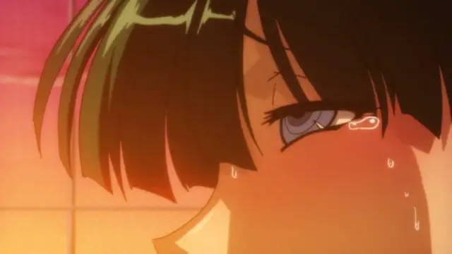 A close-up shot of a sweating, blushing anime girl with short dark hair and a visible tear in her eye, looking downward with a distressed expression. Screenshot from Alignment You! You! - Episode 2
