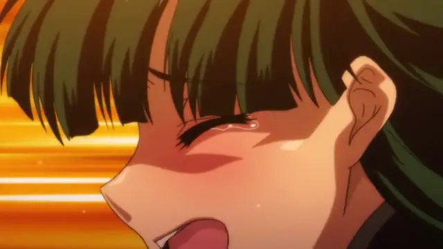 A close-up, anime-style shot of a blushing girl with green hair, her eyes closed and mouth slightly open in a state of pleasure or distress, with sweat beads on her skin against a warm, orange-toned background. Screenshot from Alignment You! You! - Episode 2