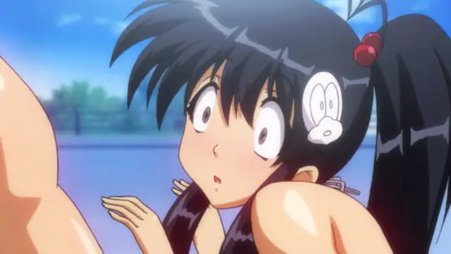A surprised black-haired anime girl with large eyes and a shocked expression watches a person's large, glistening penis in a close-up shot. Screenshot from Alignment You! You! - Episode 2
