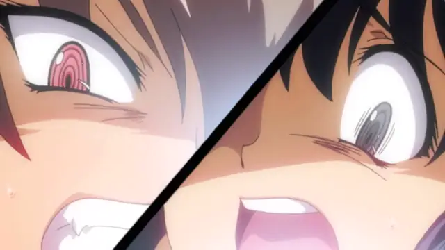A close-up split-screen shot shows two anime girls with wide eyes and open mouths expressing intense pleasure or shock, featuring one girl with red hair on the left and a girl with black hair on the right. Screenshot from Alignment You! You! - Episode 2